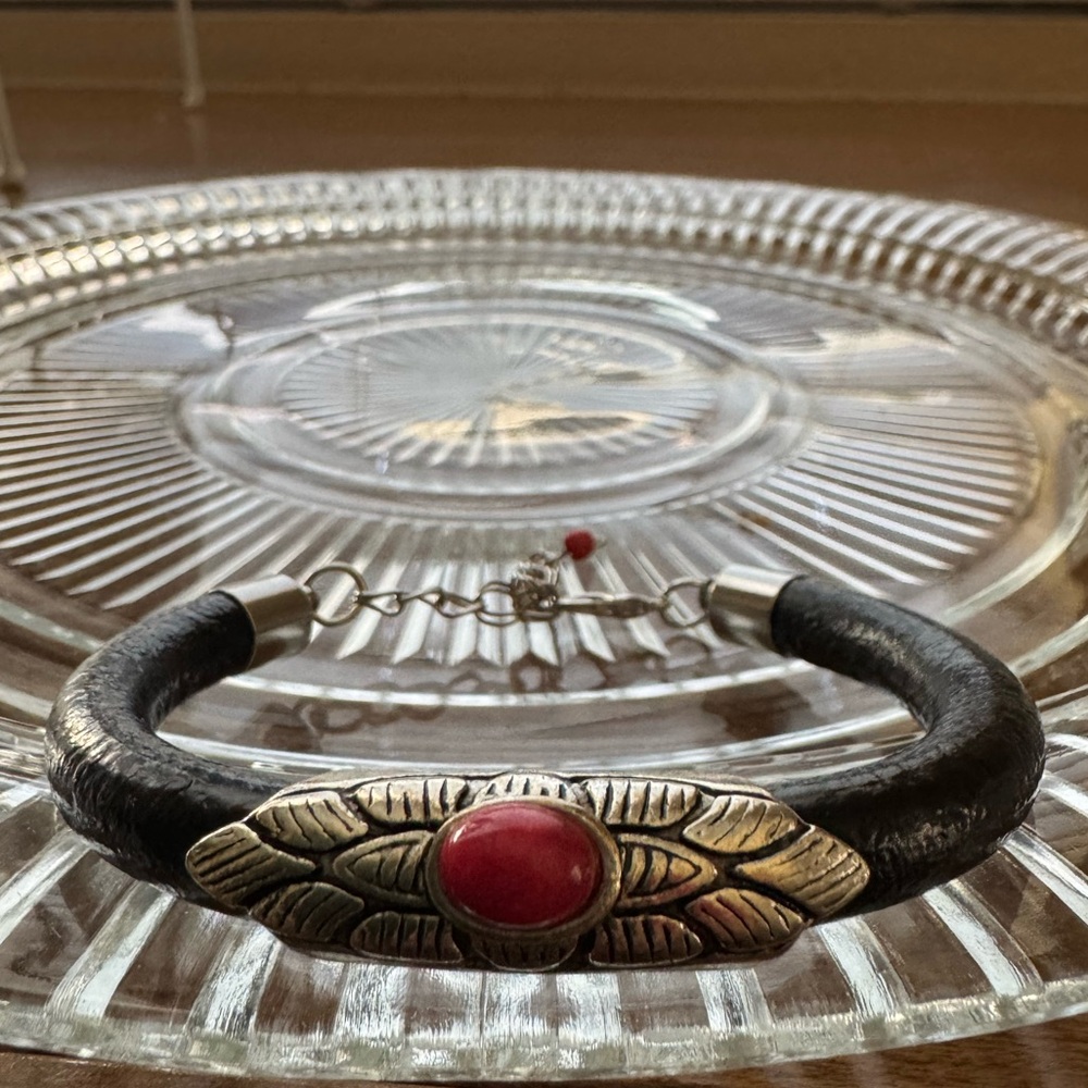 Handmade Black Leather Bracelet with Silver & Red Accent - Picture 2 of 4